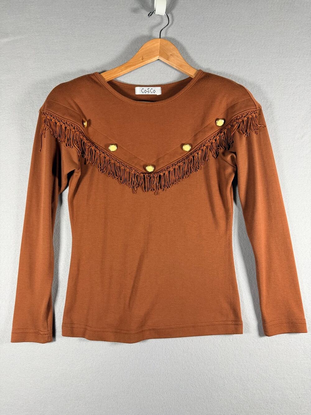 Cosco Womens Small Brown Fringe Grommet Long Sleeve Top